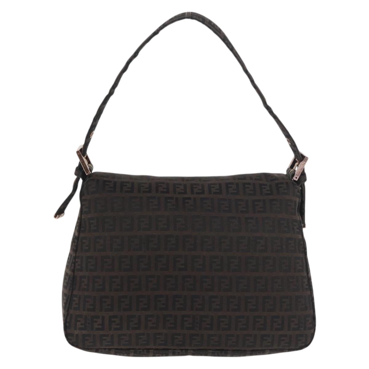 FENDI Zucchino Canvas Mamma Baguette Shoulder Bag Brown Black Auth 176363A