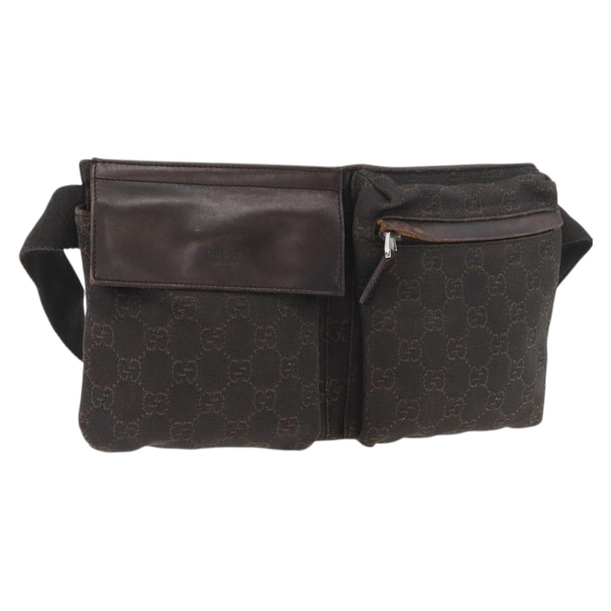 GUCCI GG Canvas Waist bag Dark Brown Silver 28566 Auth 176378
