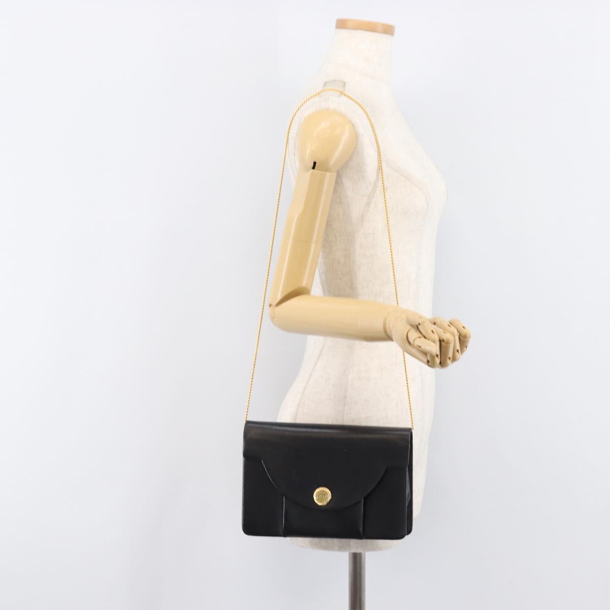 Christian Dior Chain Shoulder Bag Leather Black Gold Auth 176389