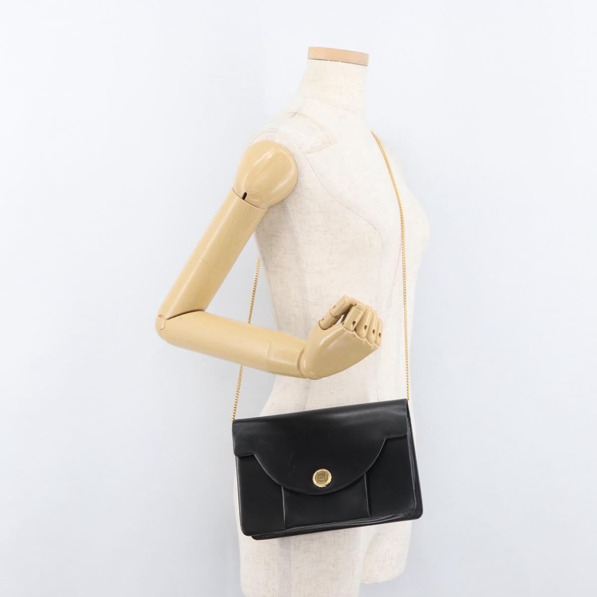 Christian Dior Chain Shoulder Bag Leather Black Gold Auth 176389A