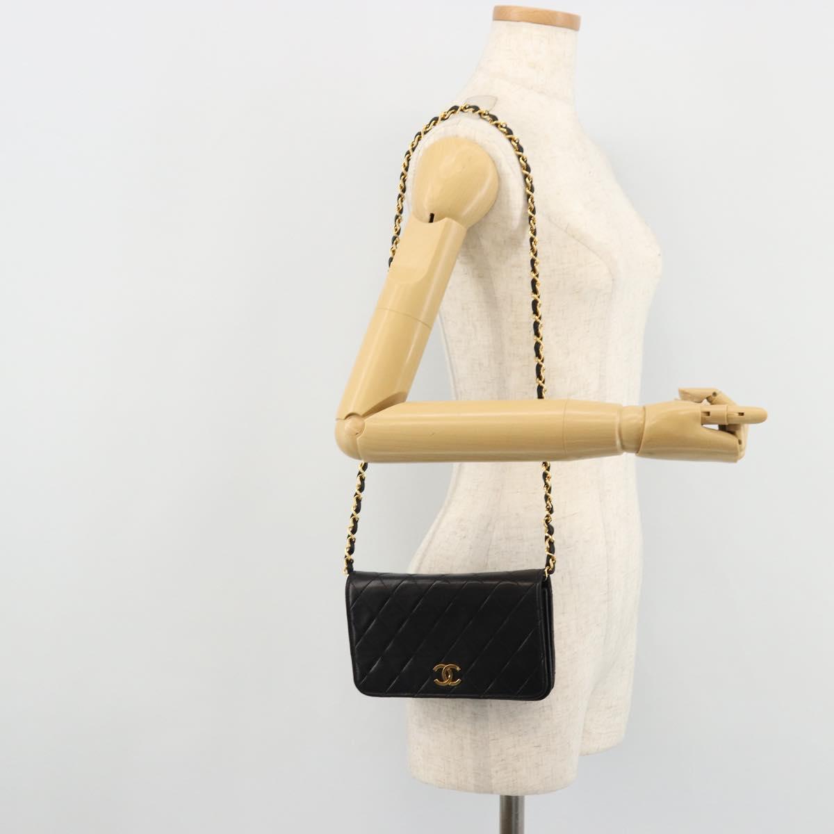 CHANEL Matelasse Chain Shoulder Bag Lamb Skin Black Gold CC Auth 176391