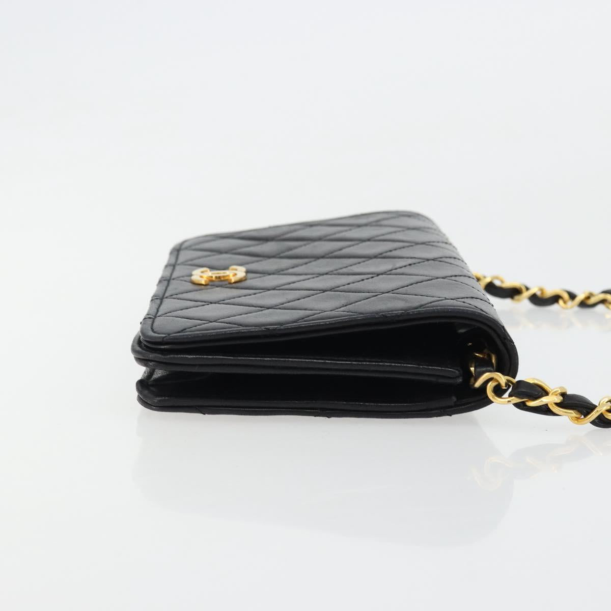 CHANEL Matelasse Chain Shoulder Bag Lamb Skin Black Gold CC Auth 176391