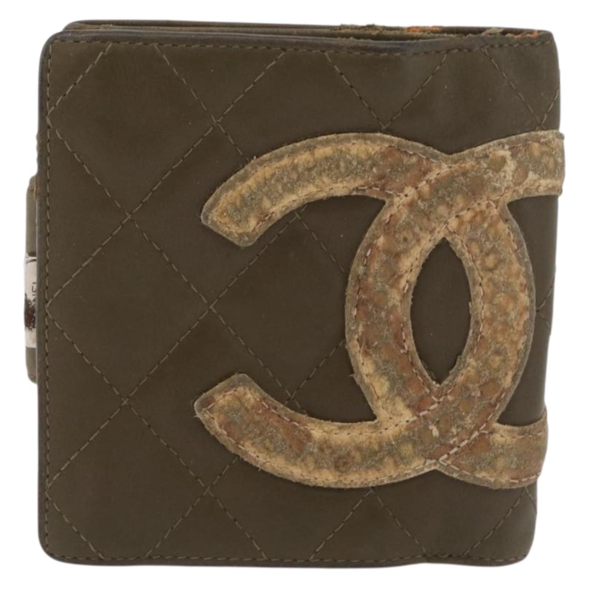 CHANEL Cambon Line Bifold Wallet Embossed leather Khaki CC Auth 176408