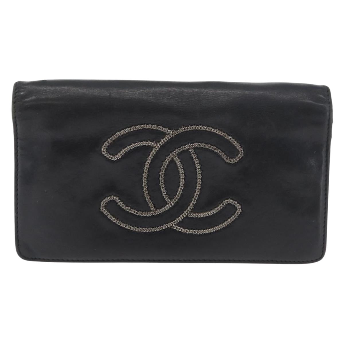 CHANEL Long Wallet Leather Black CC Auth 176410