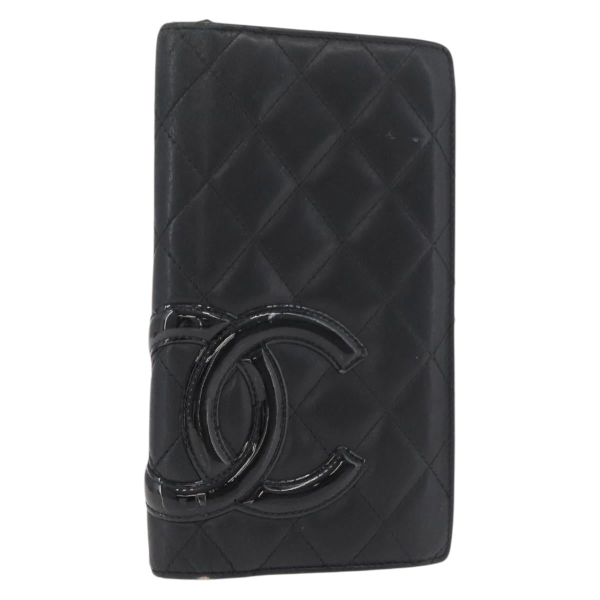 CHANEL Cambon Line Long Wallet Lamb Skin Black CC Auth 176412