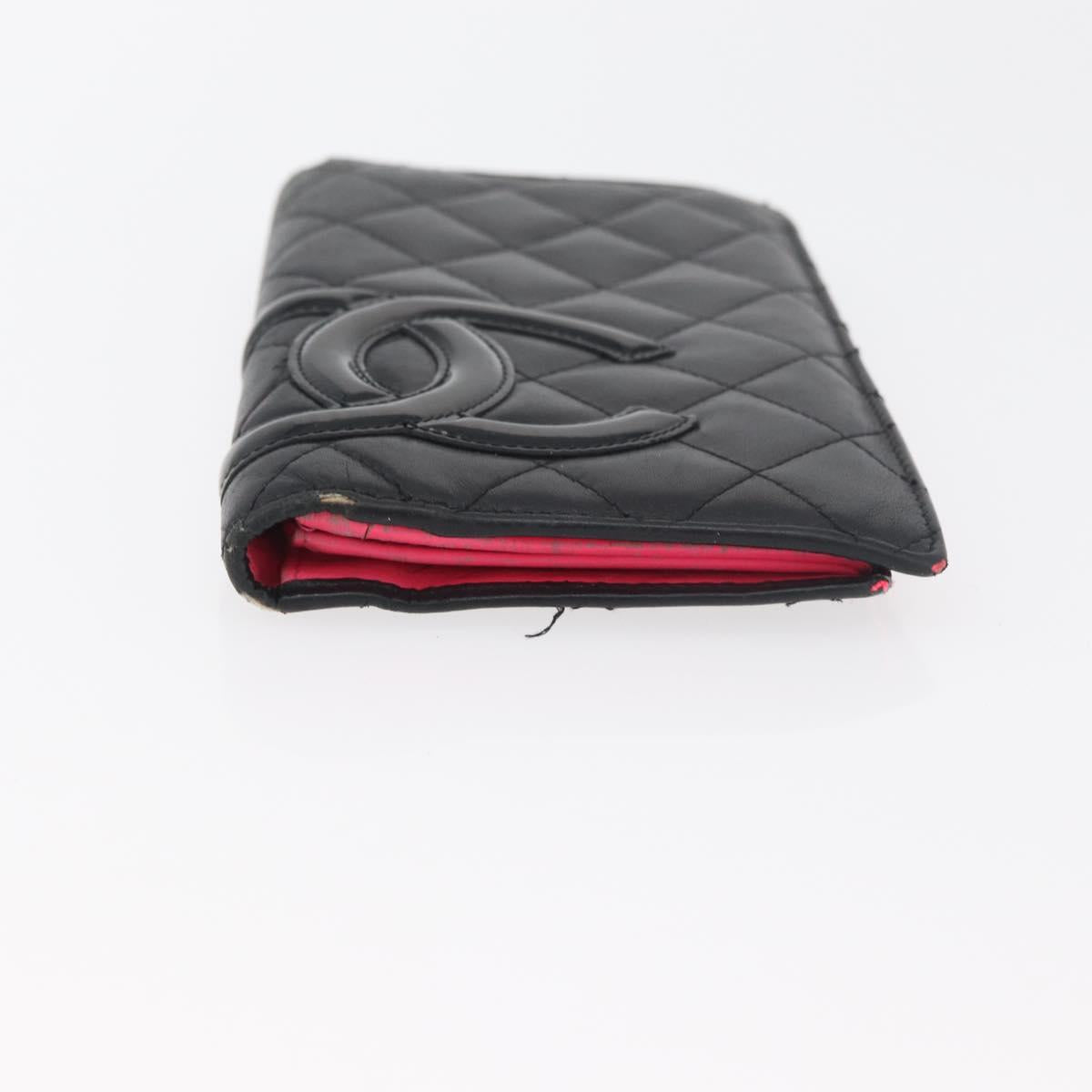 CHANEL Cambon Line Long Wallet Lamb Skin Black CC Auth 176412