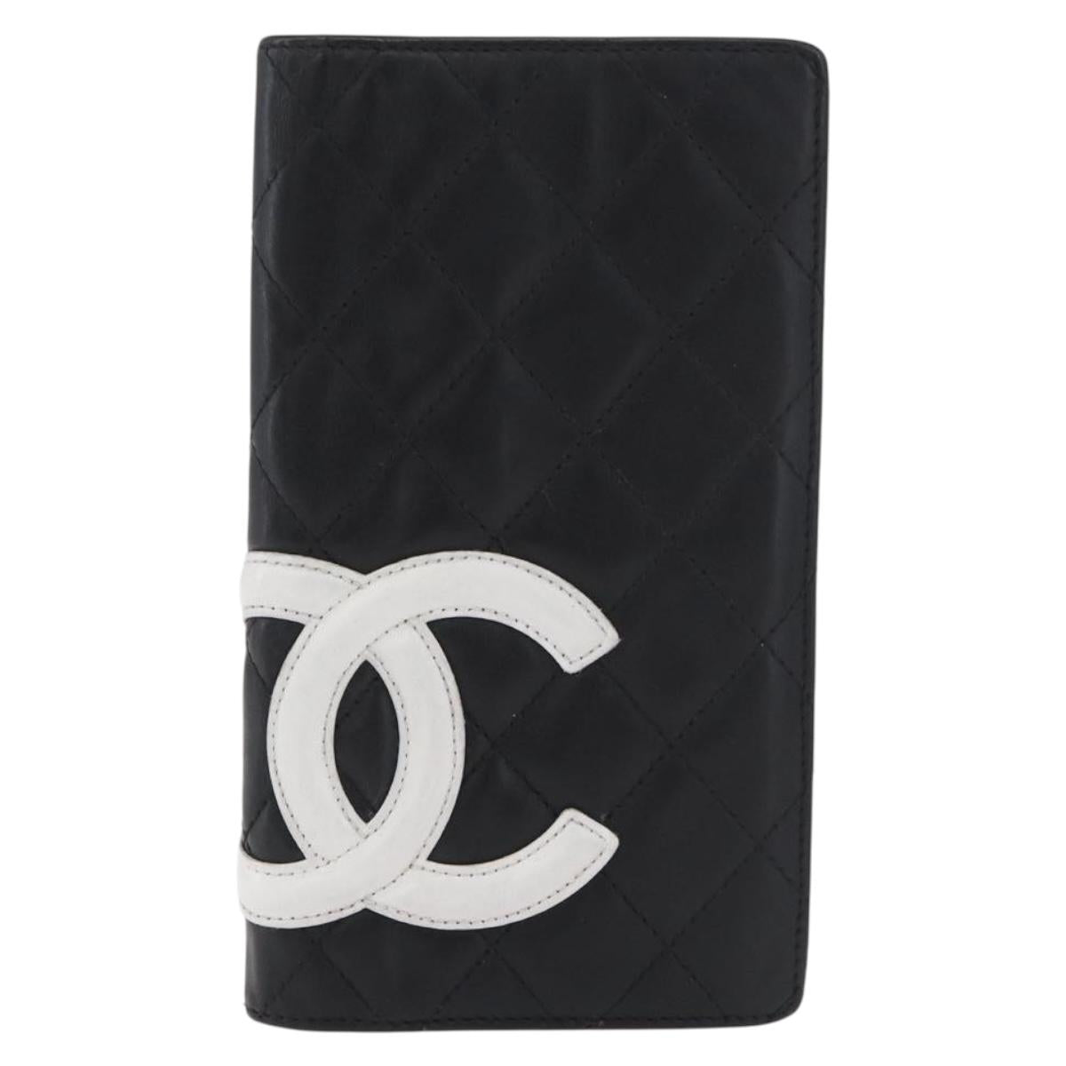 CHANEL Cambon Line Long Wallet Lamb Skin Black White CC Auth 176413A
