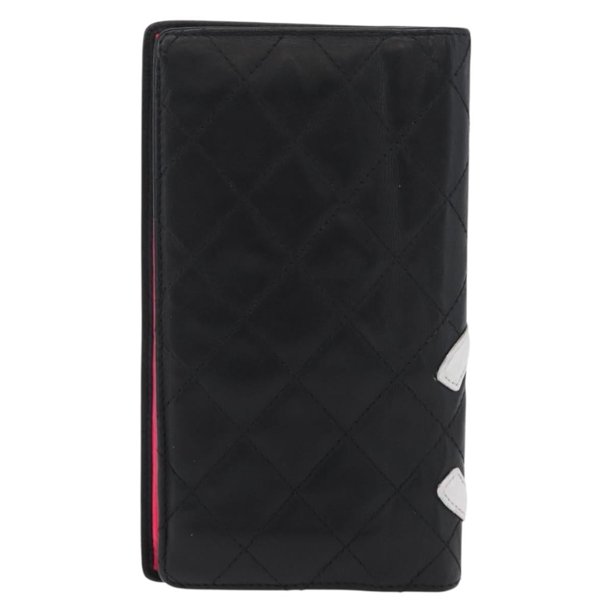 CHANEL Cambon Line Long Wallet Lamb Skin Black White CC Auth 176413A