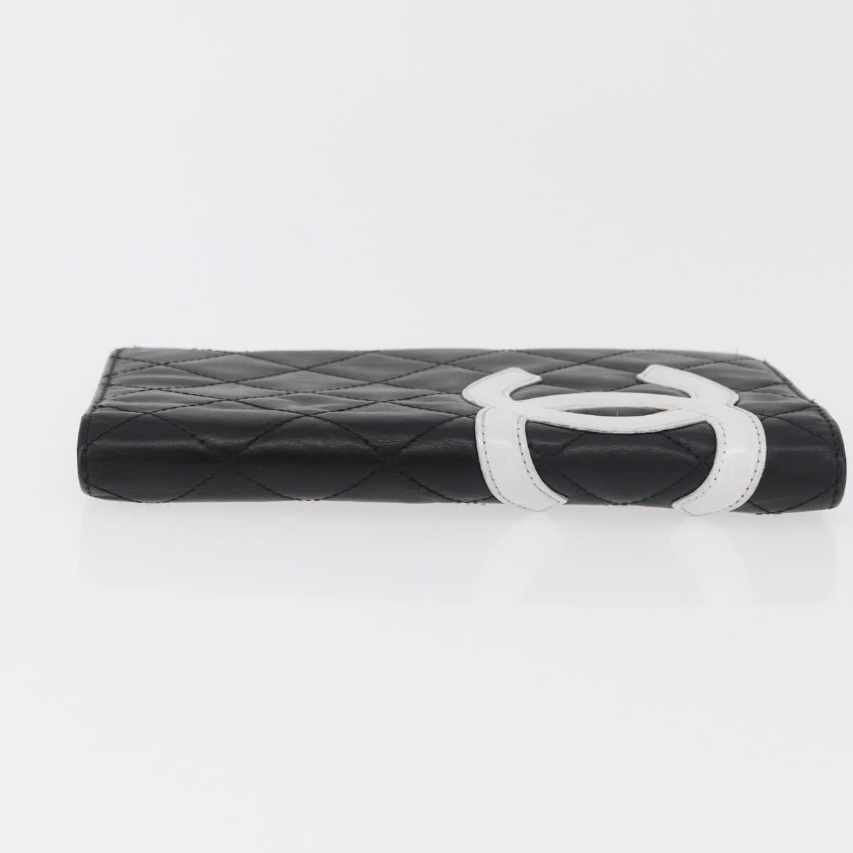 CHANEL Cambon Line Long Wallet Lamb Skin Black White CC Auth 176413A