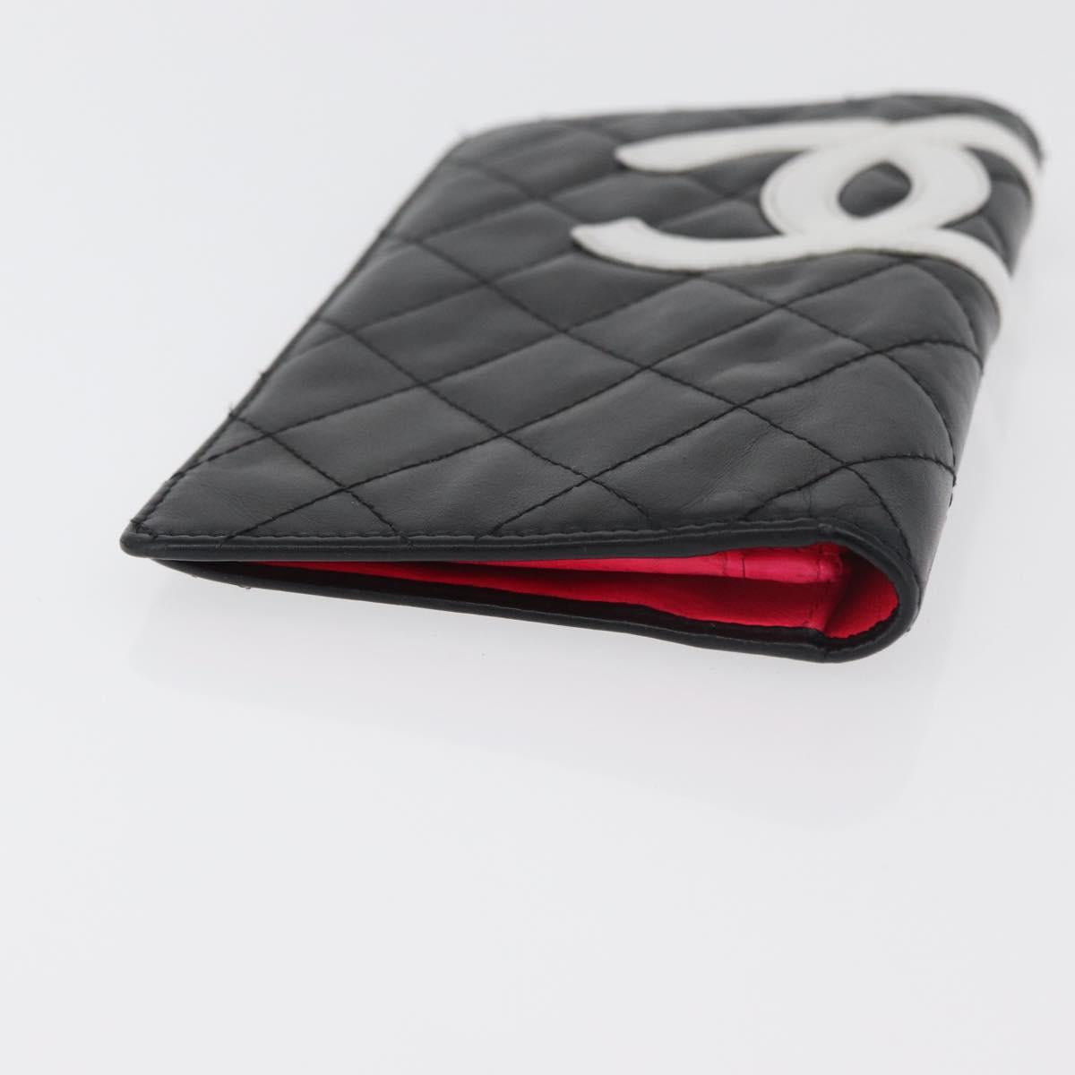 CHANEL Cambon Line Long Wallet Lamb Skin Black White CC Auth 176413A
