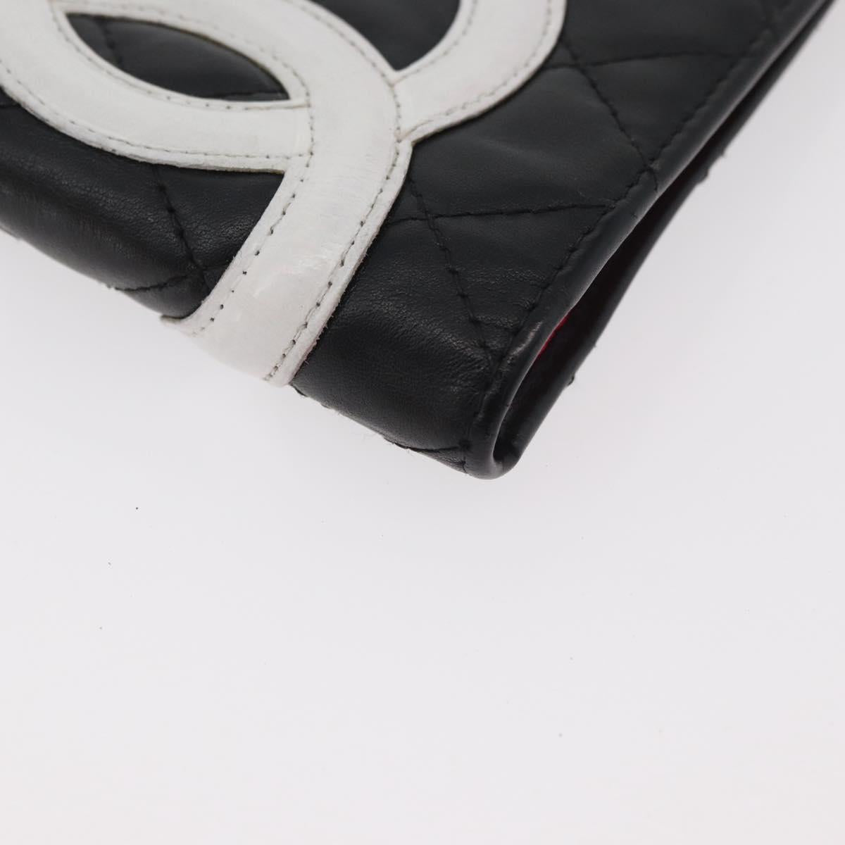 CHANEL Cambon Line Long Wallet Lamb Skin Black White CC Auth 176413A