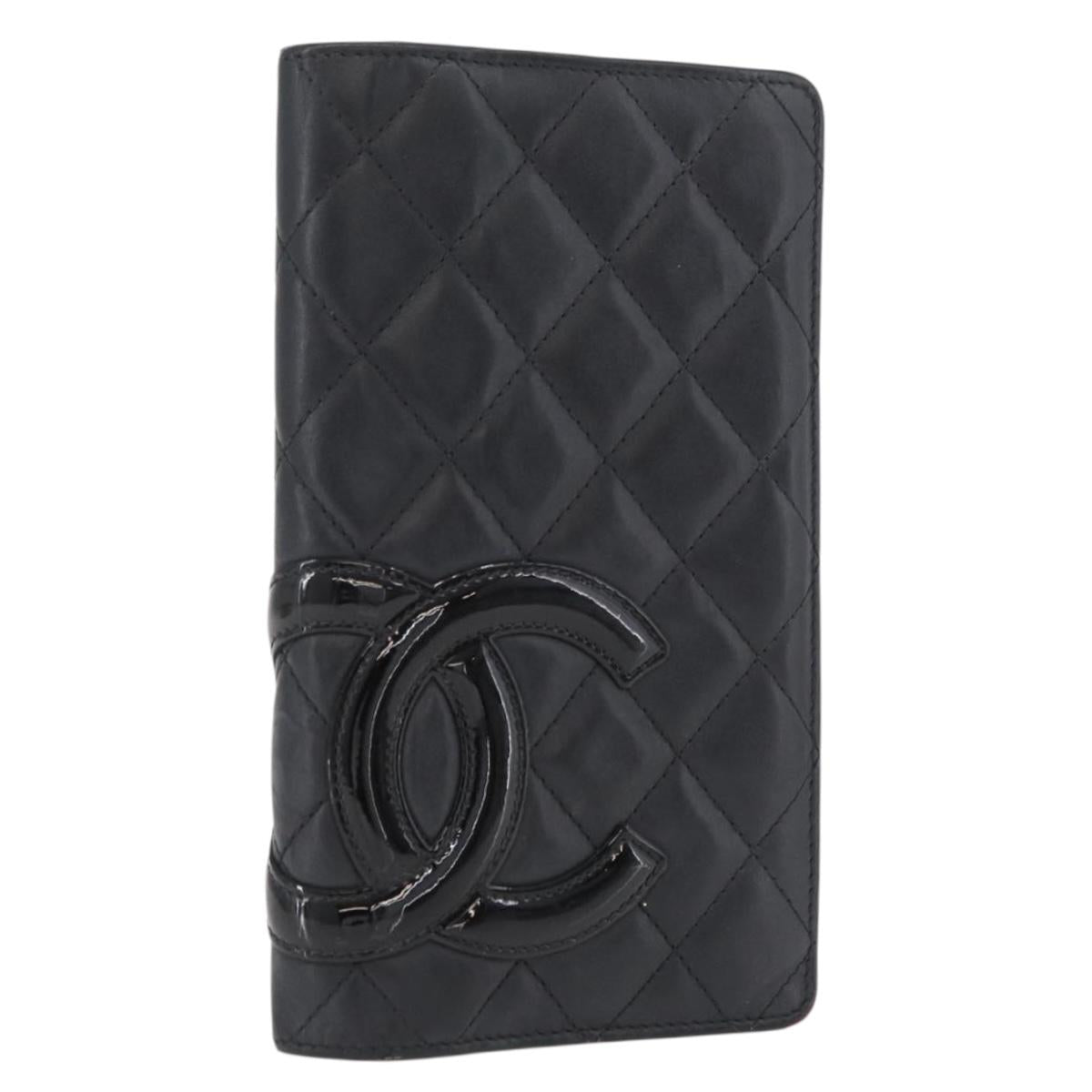 CHANEL Cambon Line Long Wallet Lamb Skin Black CC Auth 176414