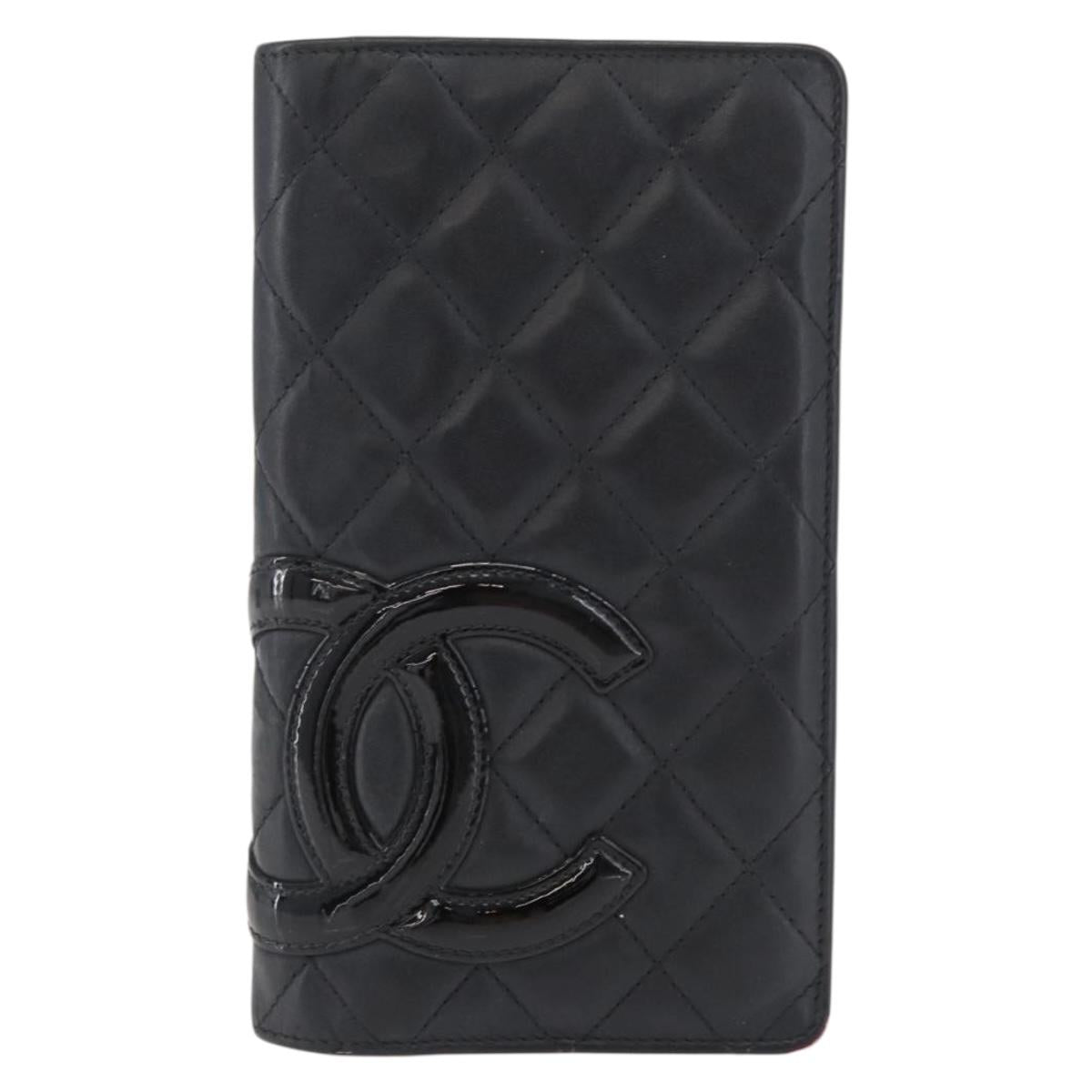 CHANEL Cambon Line Long Wallet Lamb Skin Black CC Auth 176414