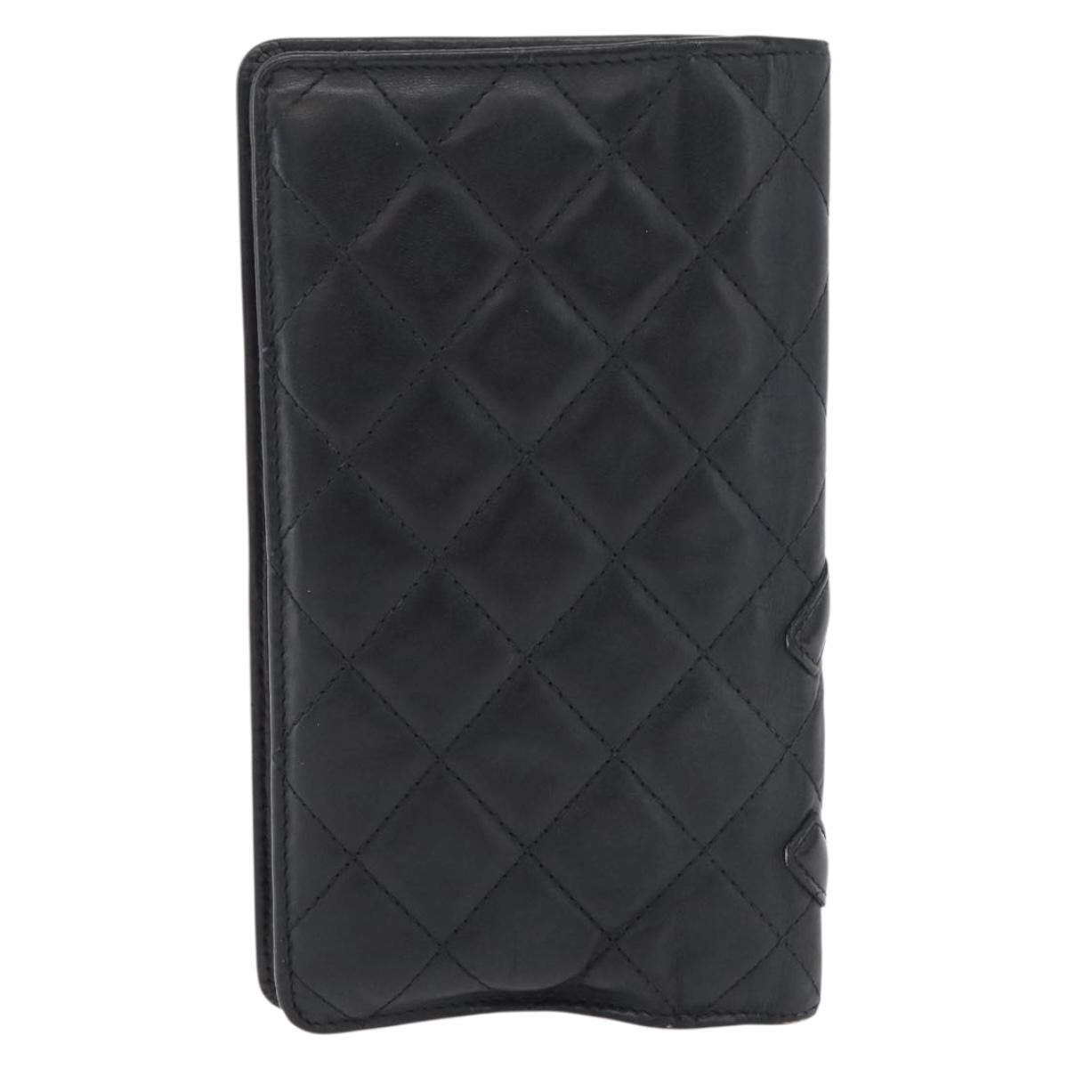 CHANEL Cambon Line Long Wallet Lamb Skin Black CC Auth 176414