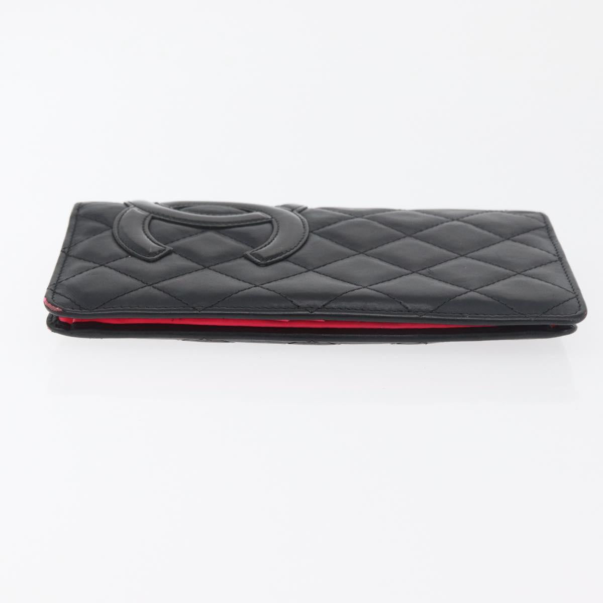 CHANEL Cambon Line Long Wallet Lamb Skin Black CC Auth 176414