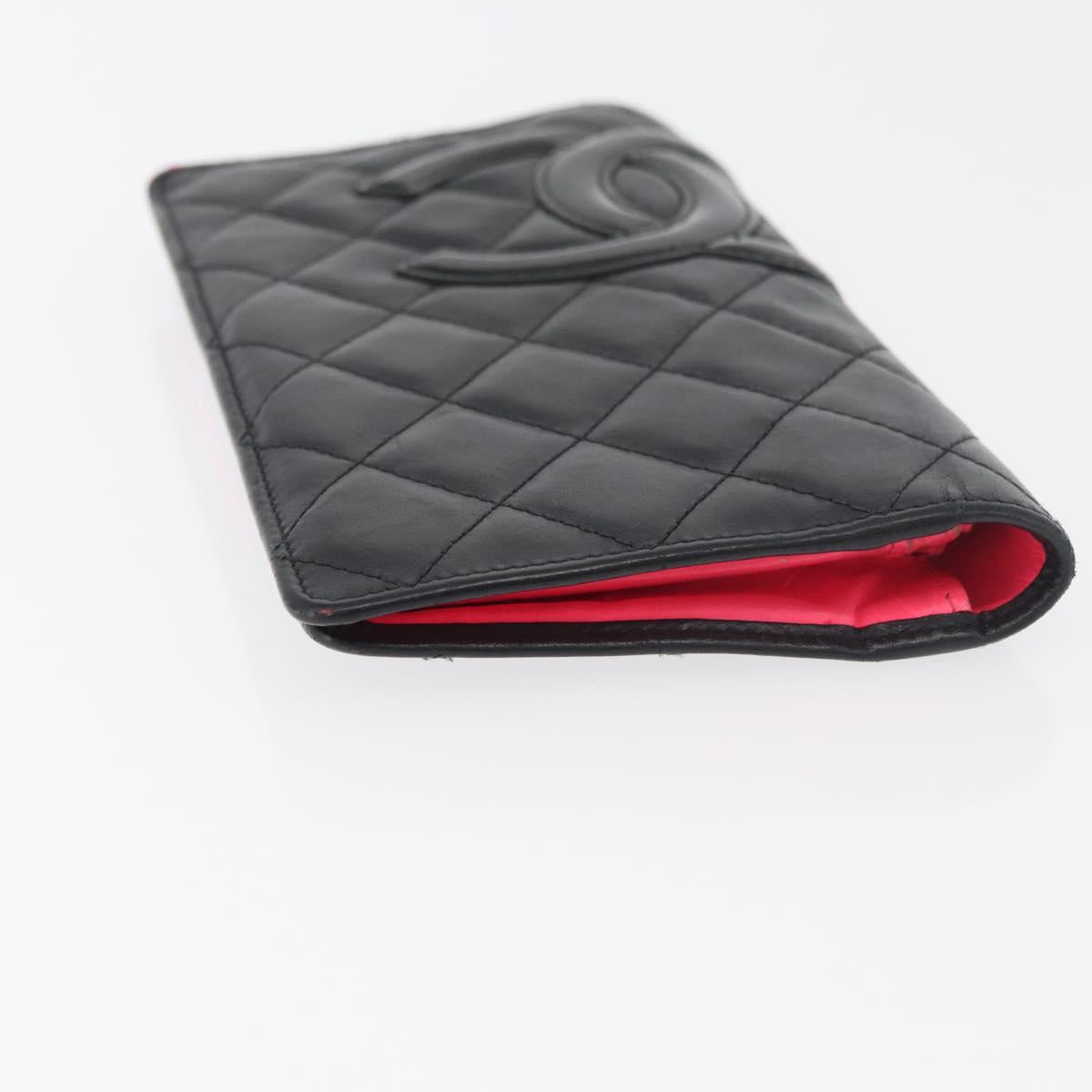 CHANEL Cambon Line Long Wallet Lamb Skin Black CC Auth 176414