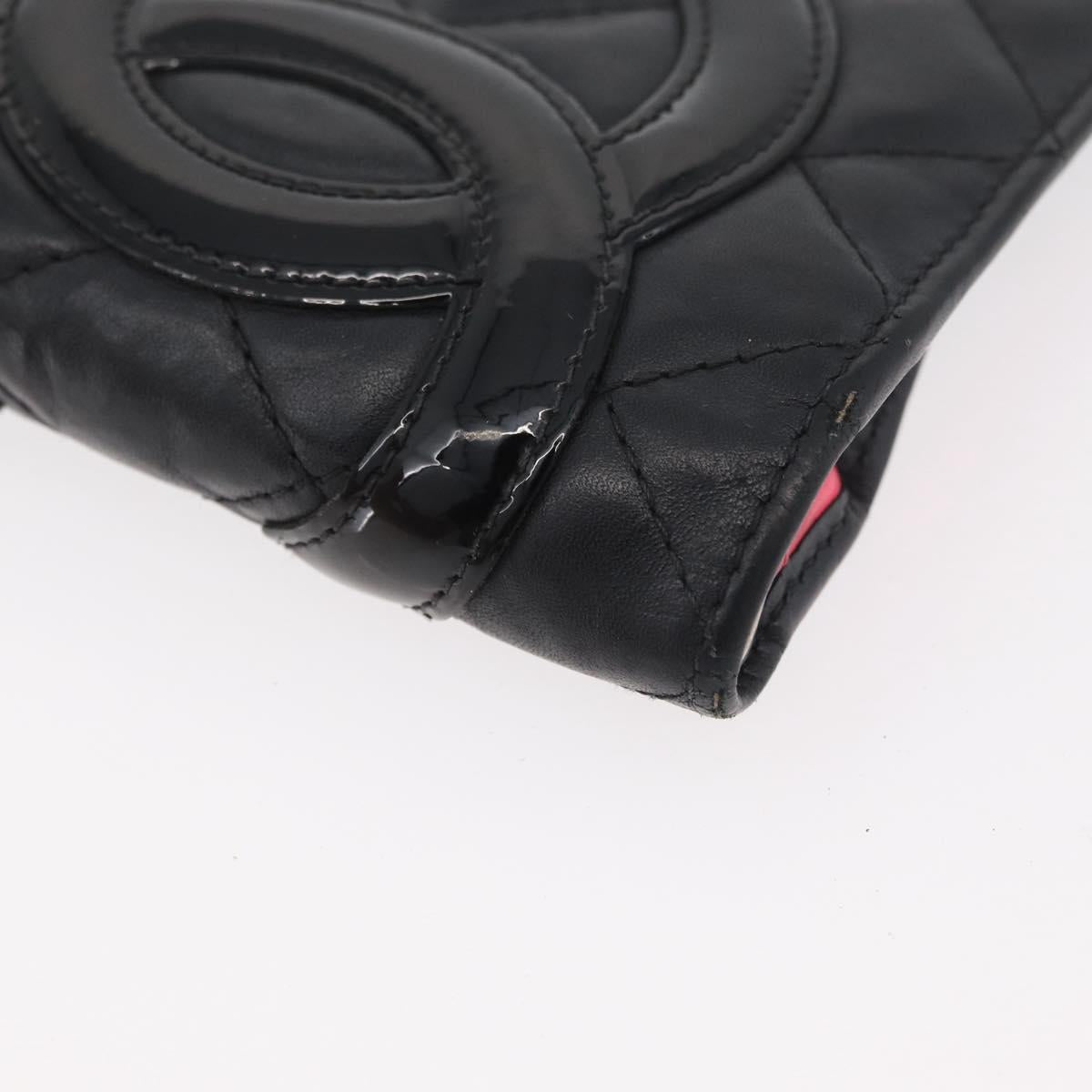 CHANEL Cambon Line Long Wallet Lamb Skin Black CC Auth 176414