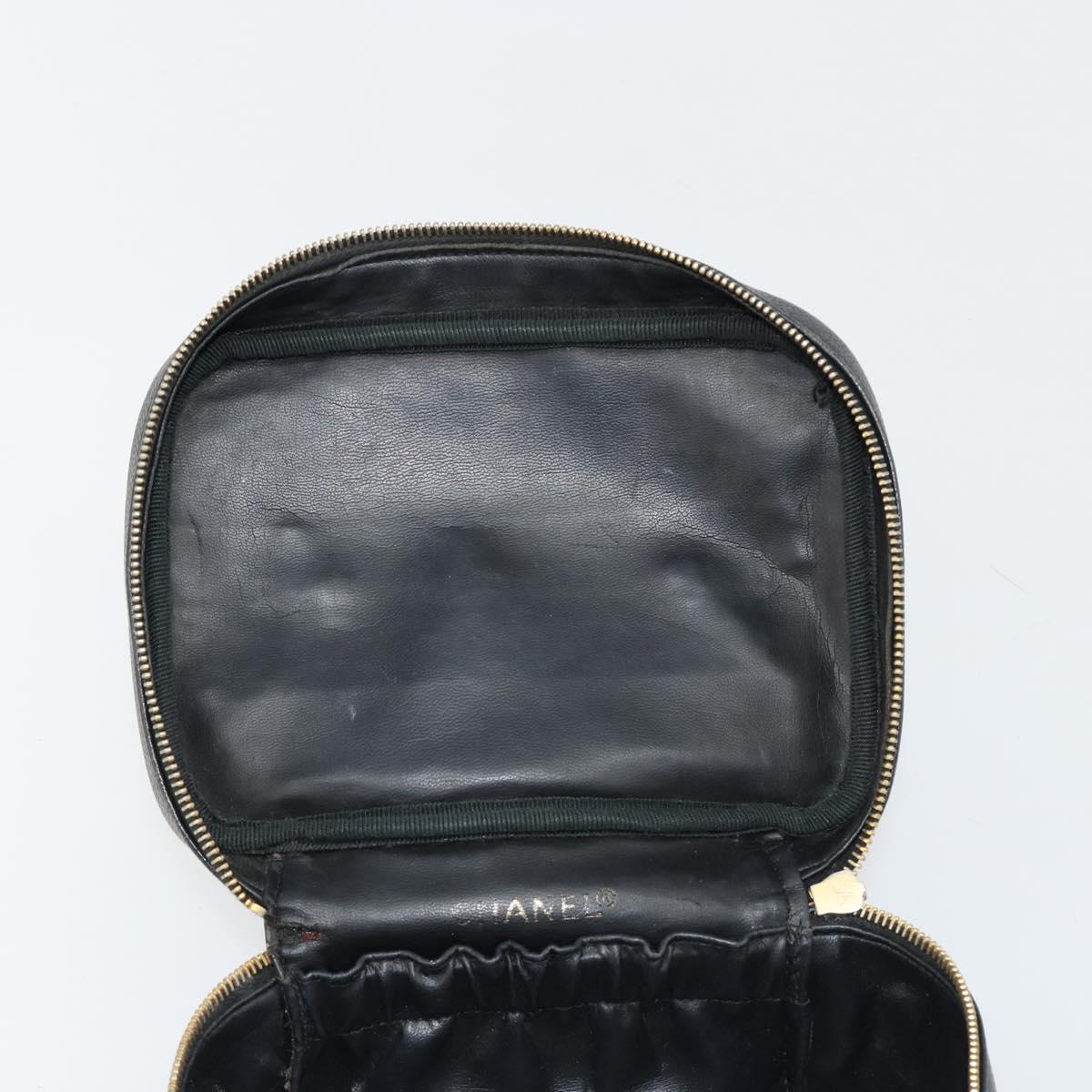 CHANEL Vanity Hand Bag Caviar Skin Black Gold CC Auth 176421