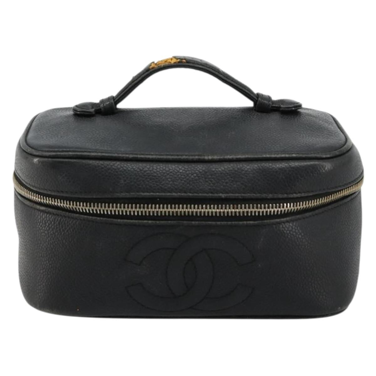 CHANEL Vanity Hand Bag Caviar Skin Black Gold CC Auth 176421