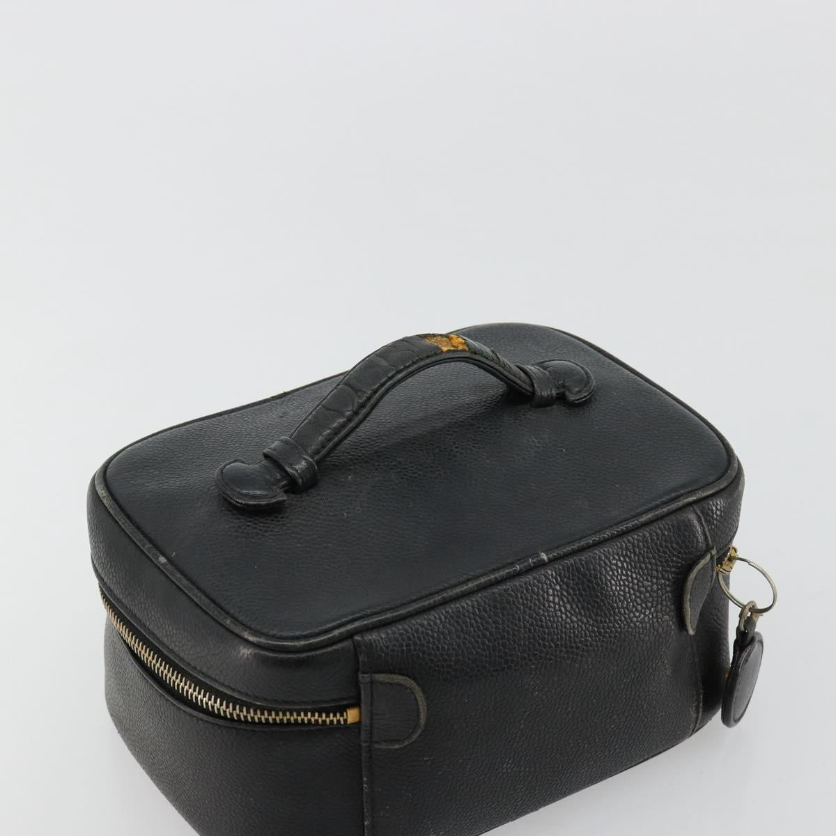 CHANEL Vanity Hand Bag Caviar Skin Black Gold CC Auth 176421