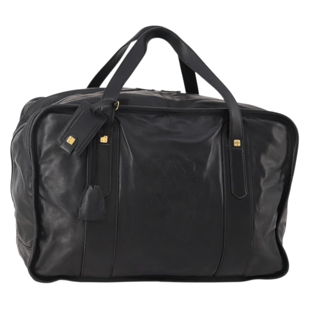 LOEWE Anagram Boston Bag Leather Black Gold Auth 176423