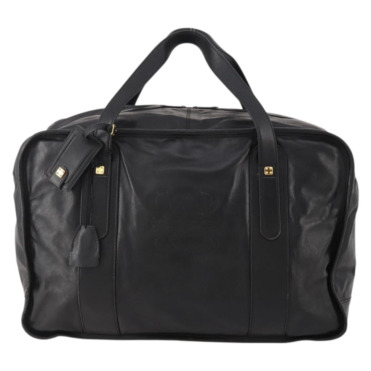LOEWE Anagram Boston Bag Leather Black Gold Auth 176423