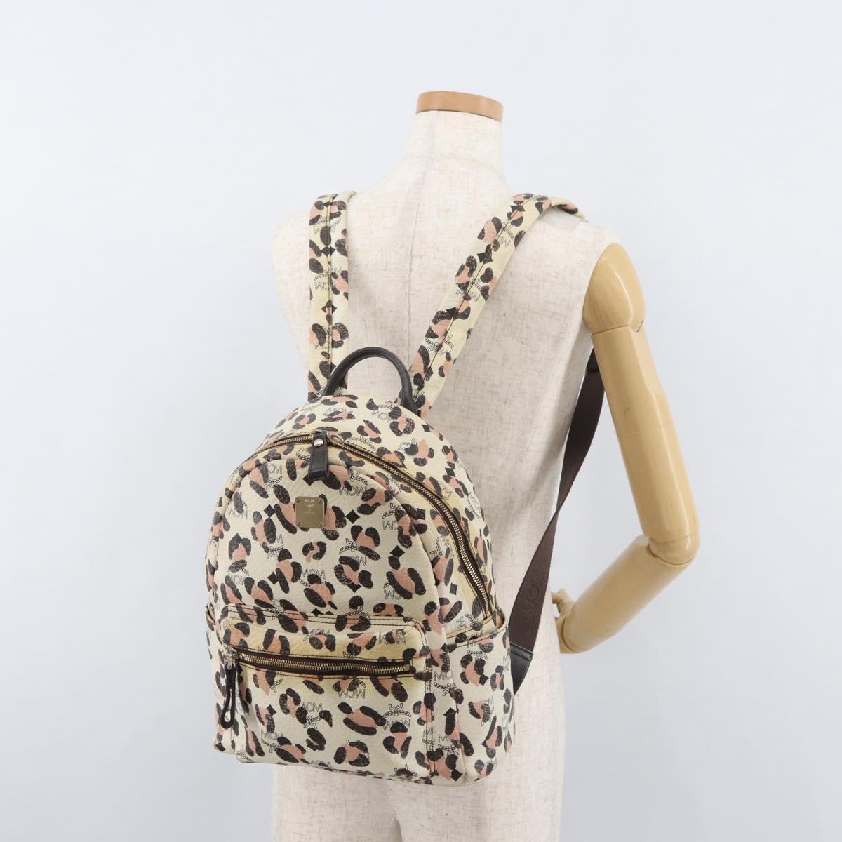 MCM Vicetos Logogram Backpack PVC Leather Ivory Gold Auth 176436