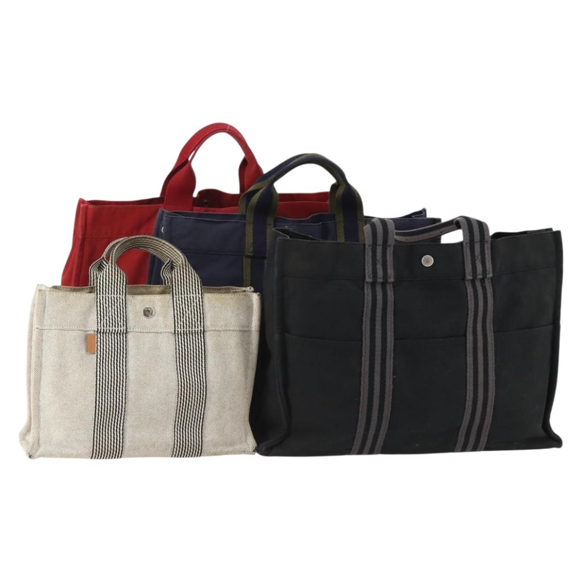 HERMES Fourre Tout Hand Bag Cotton 4 Set White Black Red Auth 176443