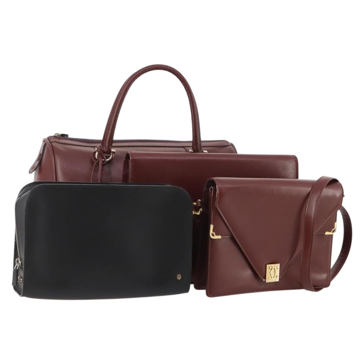 CARTIER Must Line Hand Bag Leather 4 Set Bordeaux Black Auth 176449