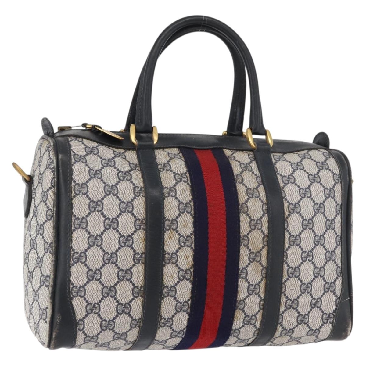 GUCCI GG Supreme Sherry Line Boston Bag PVC Navy Gold Auth 176471