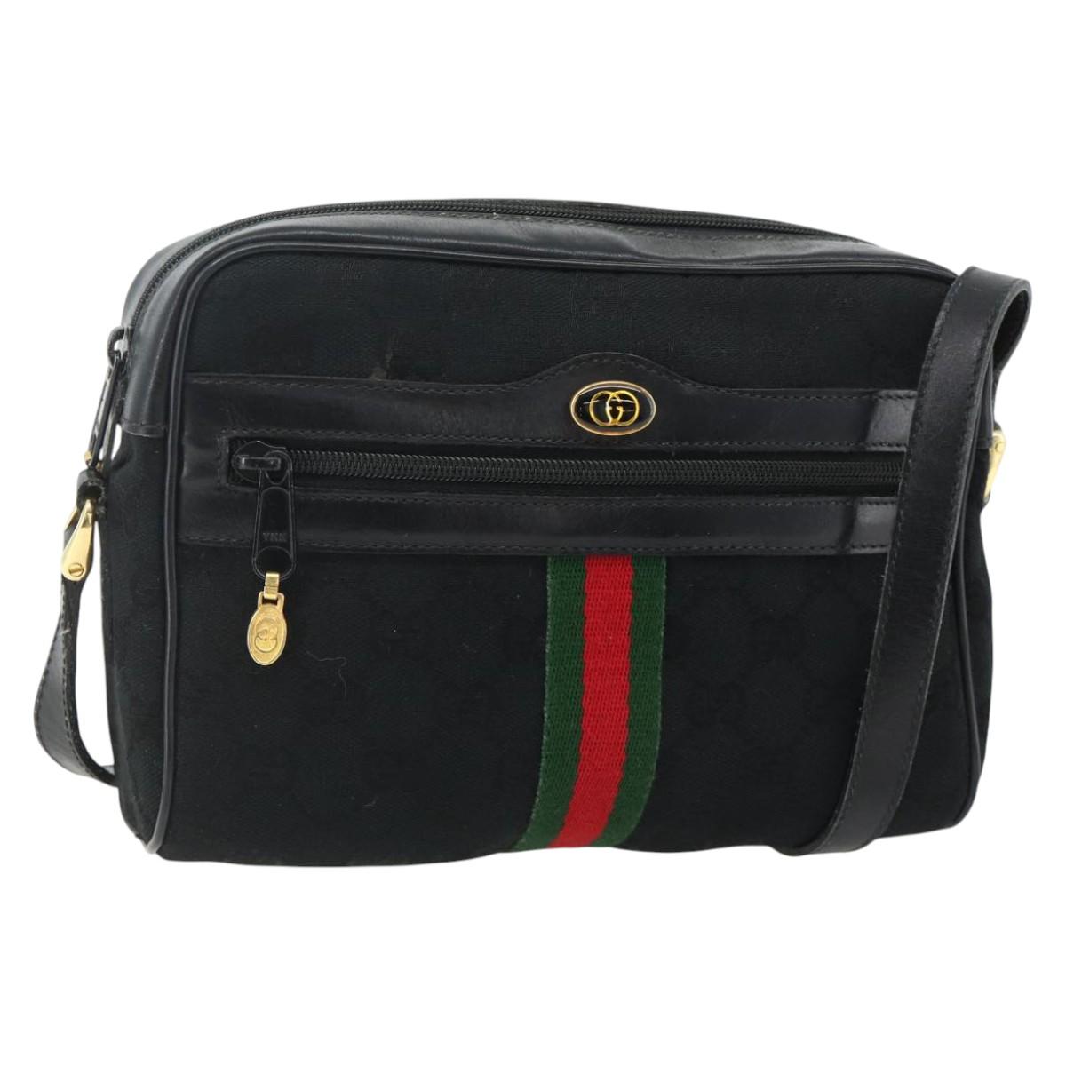 GUCCI GG Canvas Web Sherry Line Shoulder Bag Black Gold Red 010 378 Auth 176476A