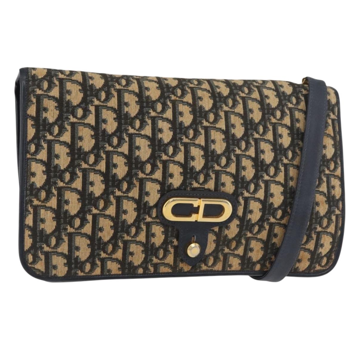 Christian Dior Trotter Canvas Shoulder Bag Navy Gold Auth 176478