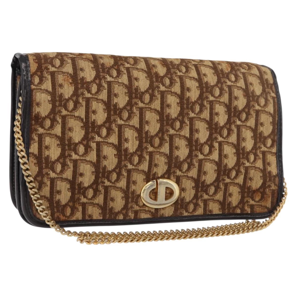 Christian Dior Trotter Canvas Chain Shoulder Bag Brown Gold Auth 176488