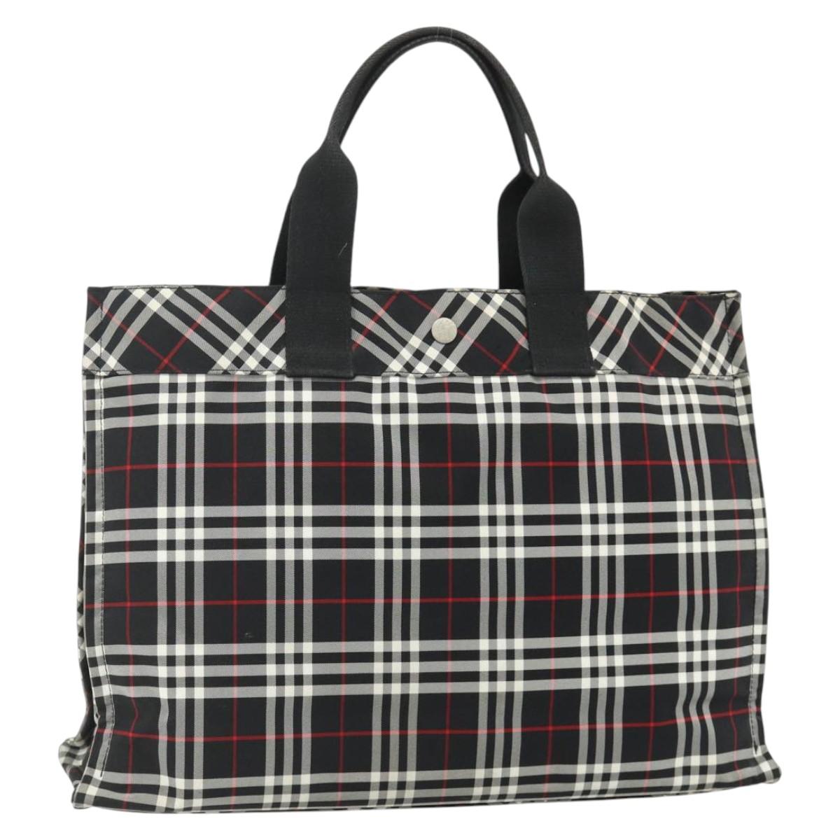 Burberrys Nova Check Blue Label Hand Bag Nylon Black Silver Auth 176492
