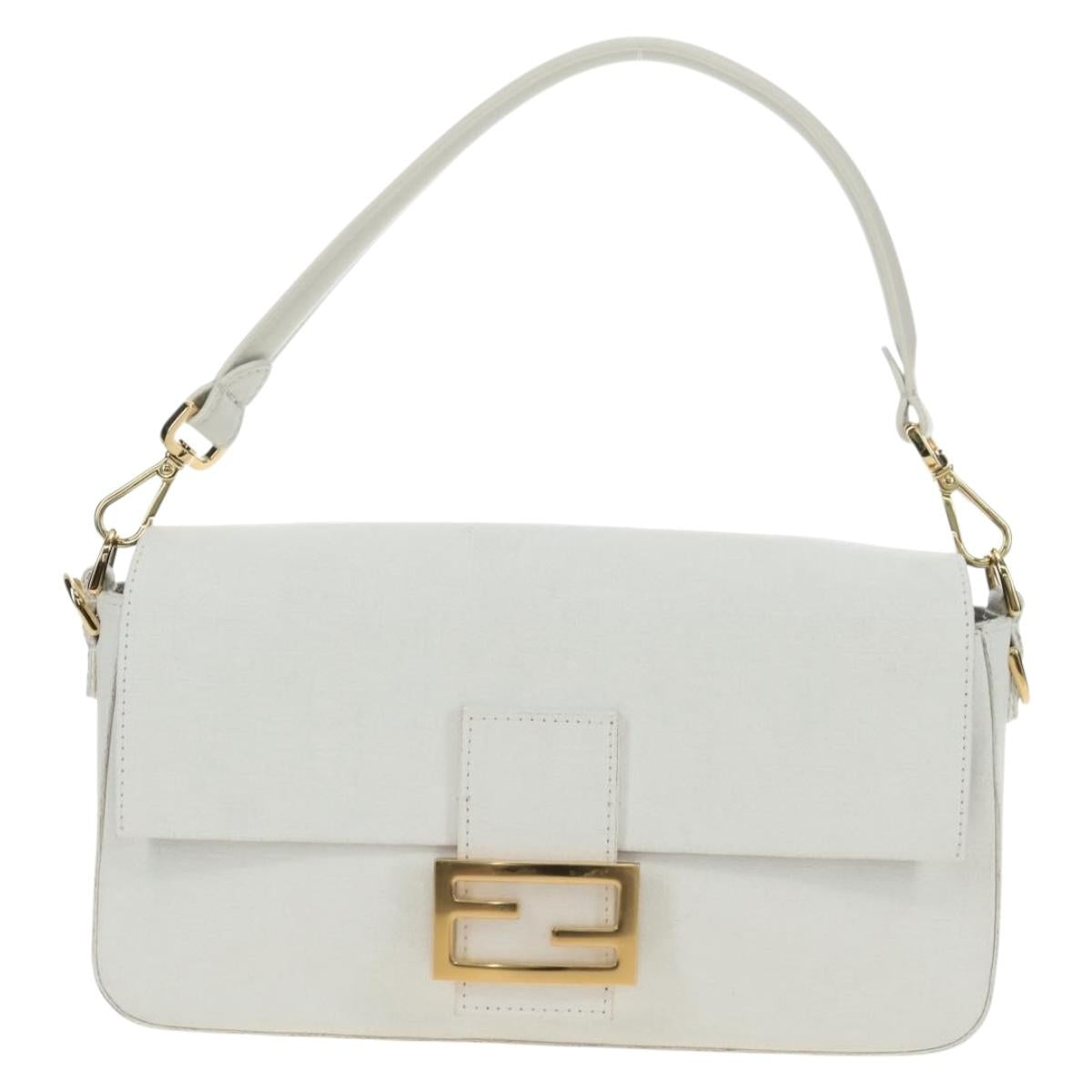 FENDI Drawing Mamma Baguette Shoulder Bag Canvas White Gold Auth 176502SM