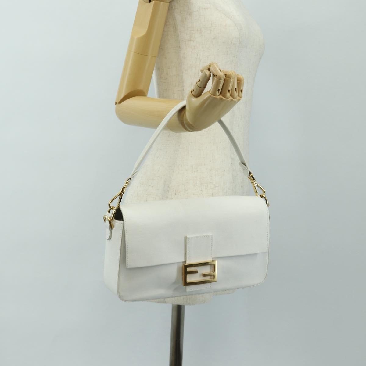 FENDI Drawing Mamma Baguette Shoulder Bag Canvas White Gold Auth 176502SM