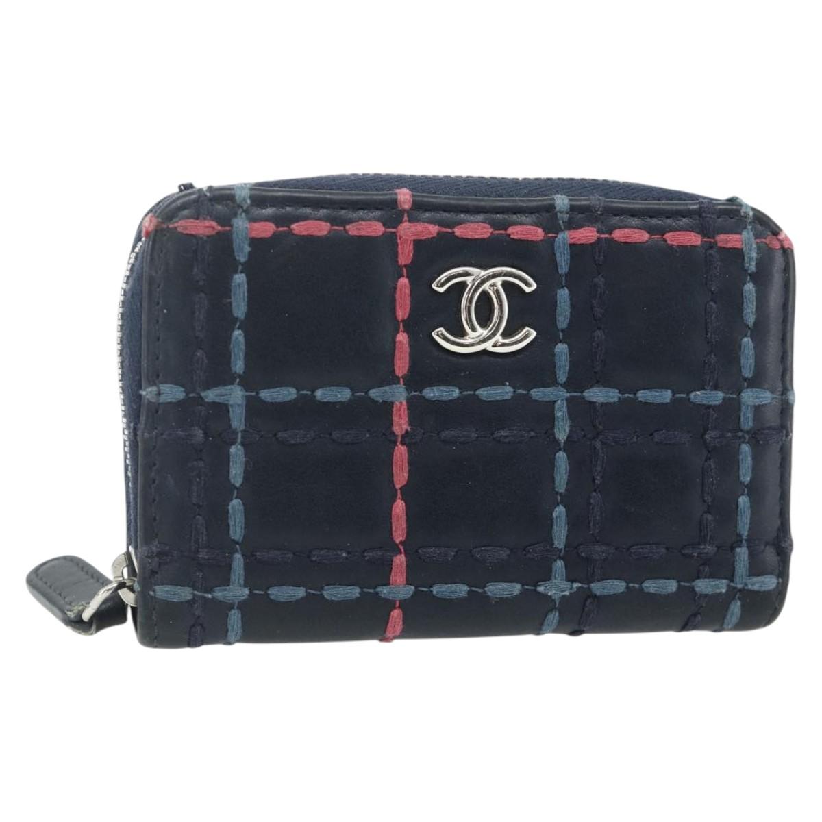 CHANEL Tweed Stitch Card Case Lamb Skin Navy Silver CC Auth 176521A