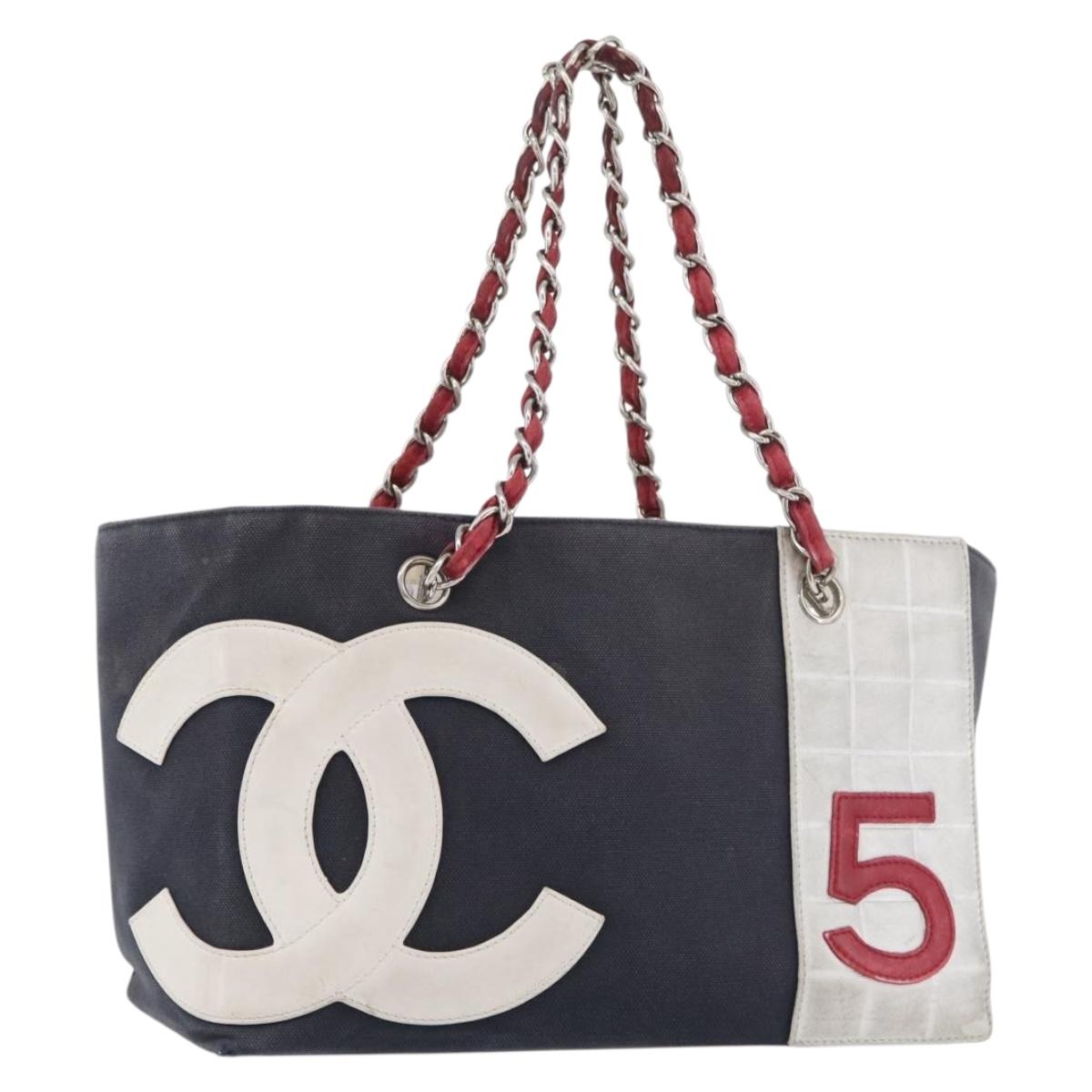CHANEL Choco Bar Chain Tote Bag No5 Canvas Navy Silver CC Auth 176537