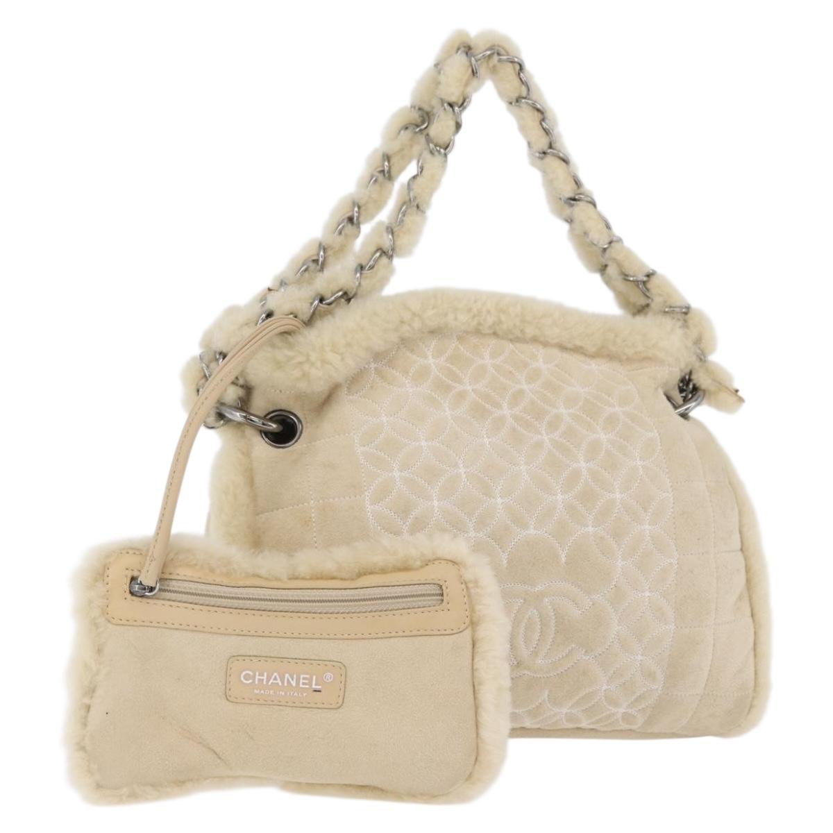 CHANEL Choco Bar Chain Tote Bag Mouton Ivory Silver CC Auth 176557