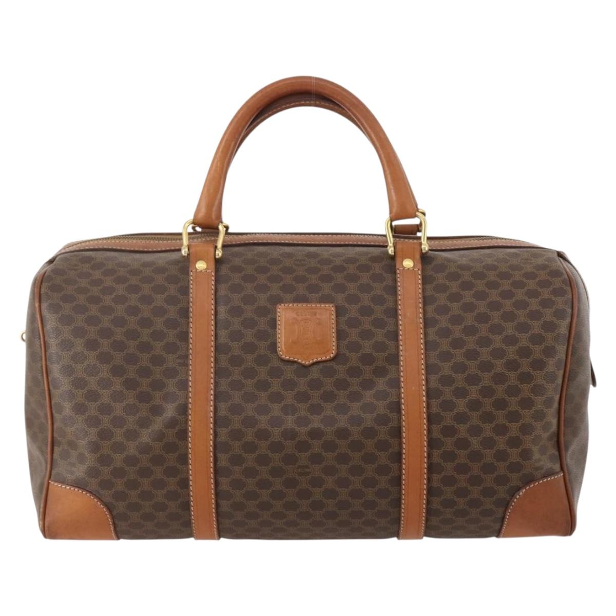 CELINE Macadam Canvas Boston Bag PVC Leather Brown Gold Auth 176561