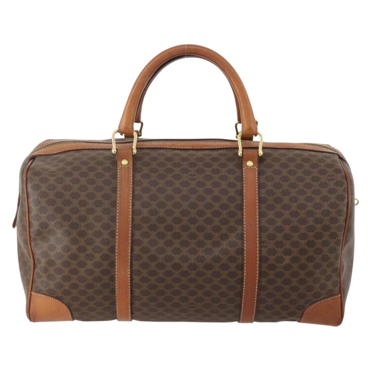 CELINE Macadam Canvas Boston Bag PVC Leather Brown Gold Auth 176561
