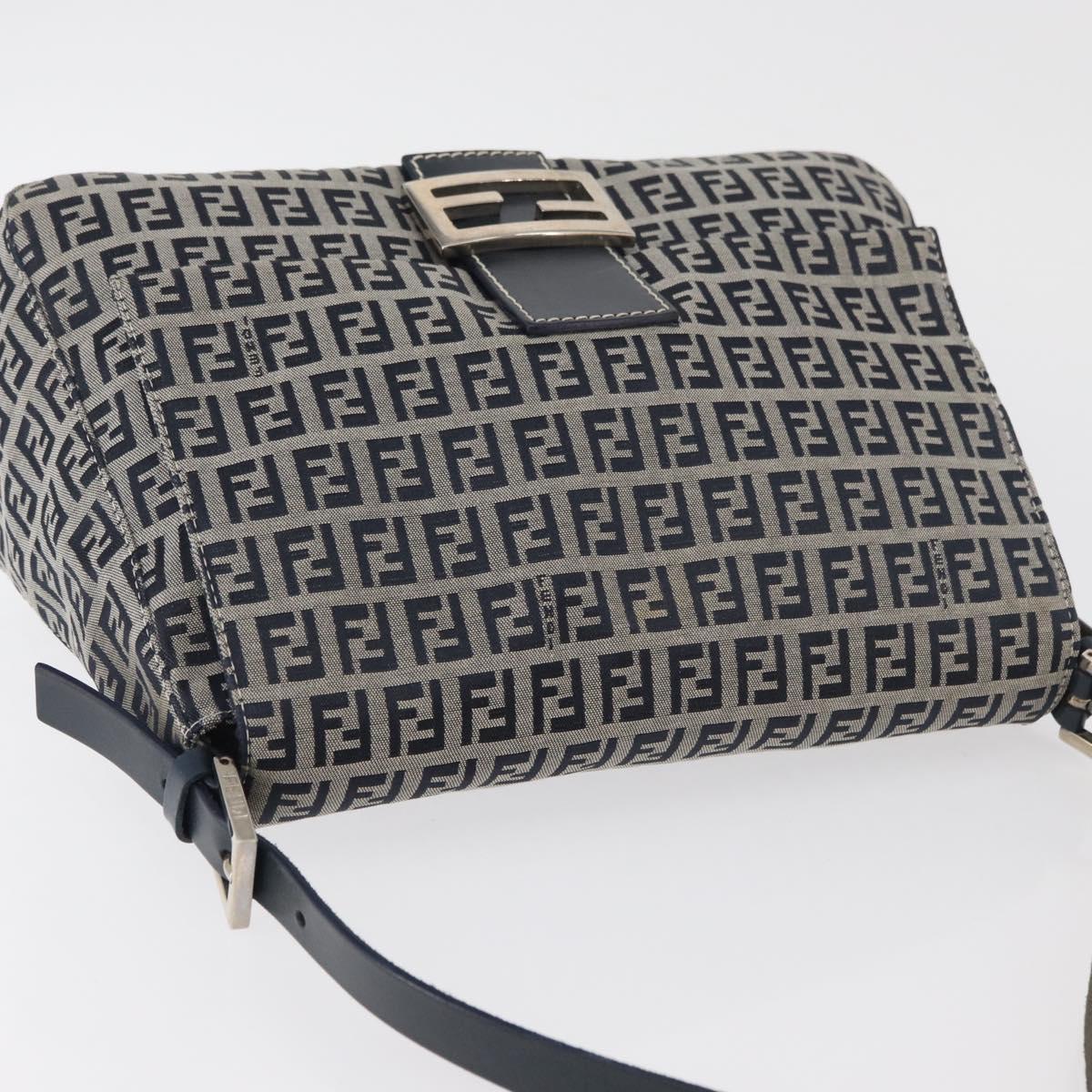 FENDI Zucchino Canvas Mamma Baguette Shoulder Bag Navy Silver Auth 176566V