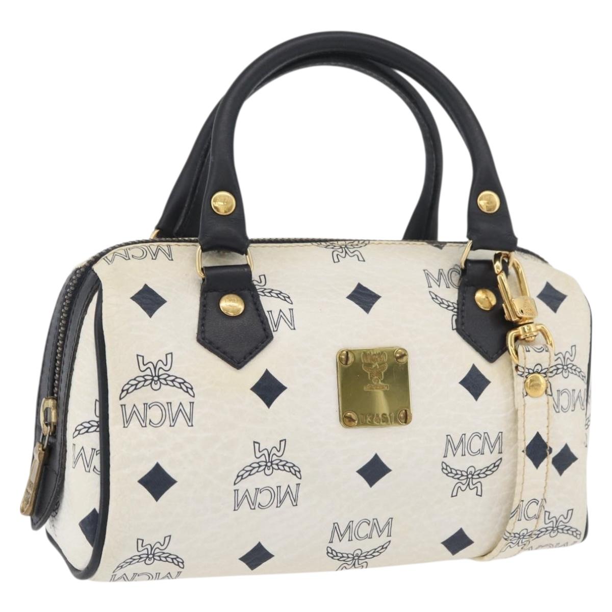 MCM Vicetos Logogram Hand Bag PVC Leather 2way White Gold Auth 176581