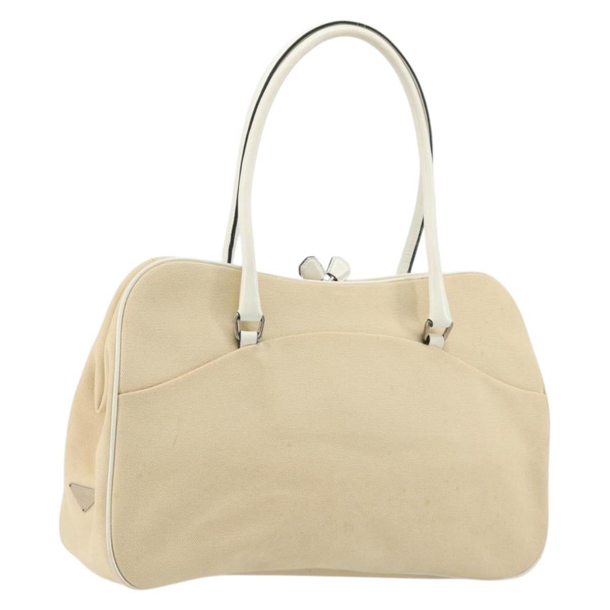 PRADA Shoulder Bag Canvas Beige Silver Auth 176585