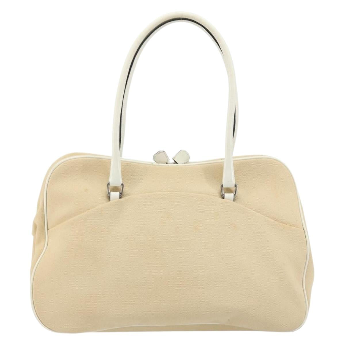 PRADA Shoulder Bag Canvas Beige Silver Auth 176585