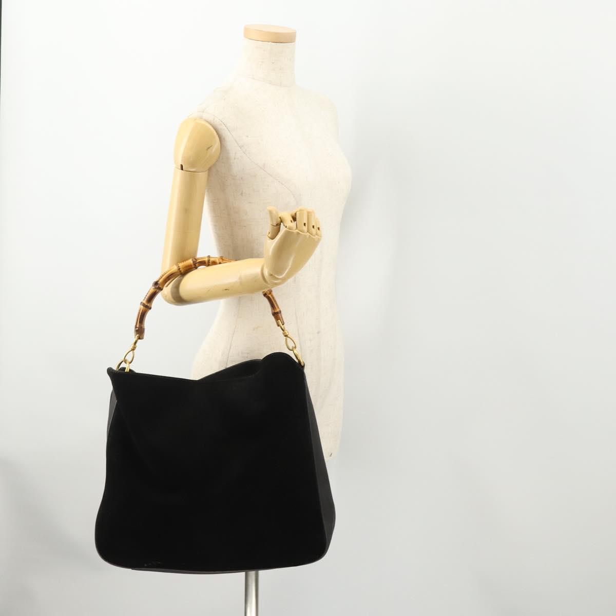 GUCCI Bamboo Shoulder Bag Suede Black Gold 001 1577 Auth 176611