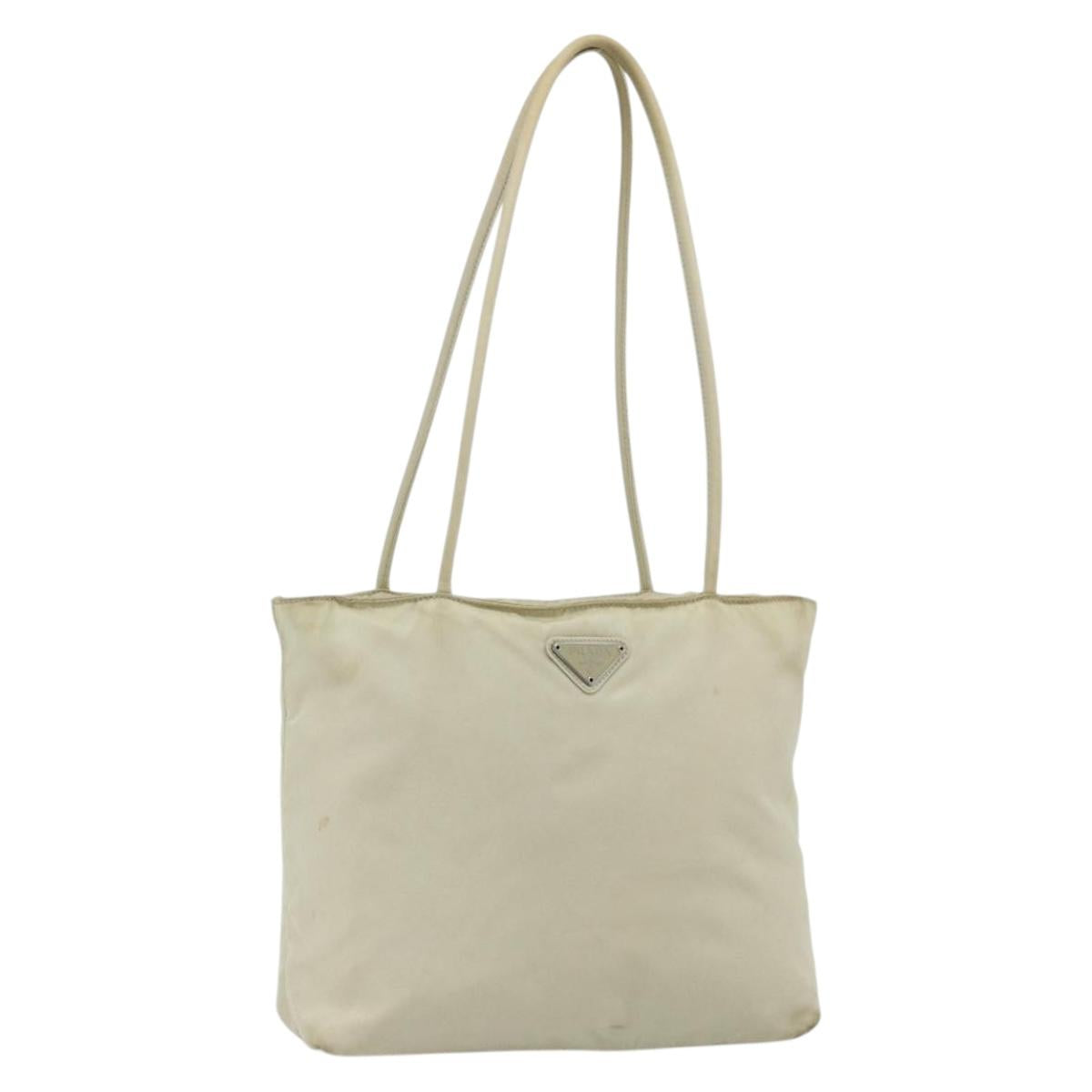PRADA Tote Bag Nylon Beige Silver Auth 176637