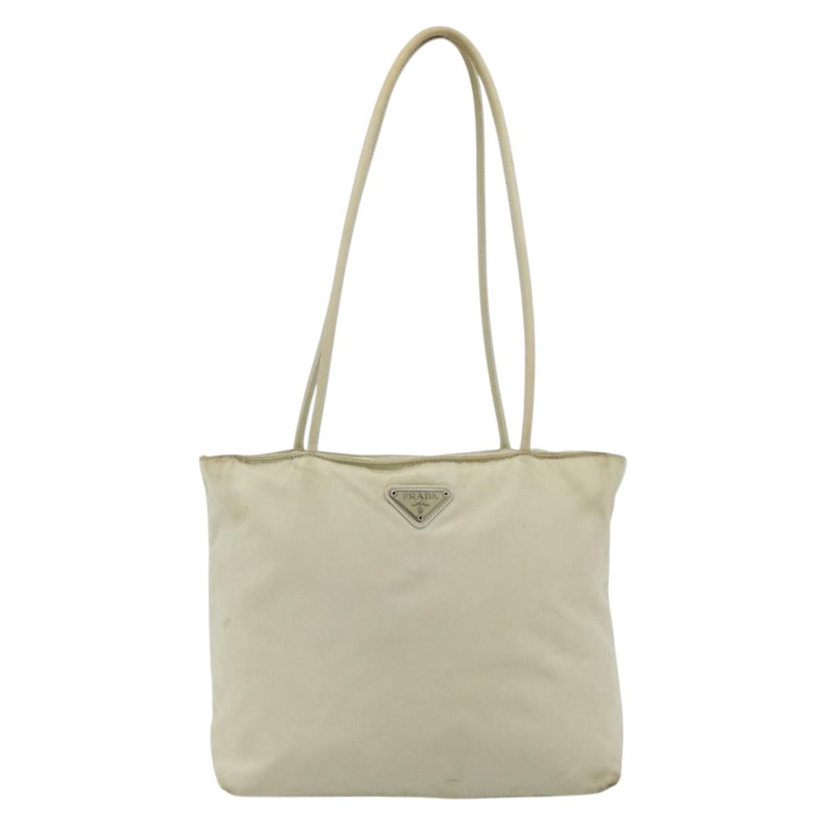 PRADA Tote Bag Nylon Beige Silver Auth 176637