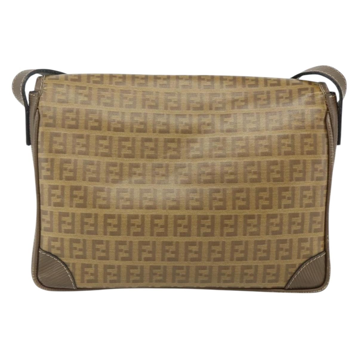 FENDI Zucchino Canvas Shoulder Bag Beige Gold Auth 176651