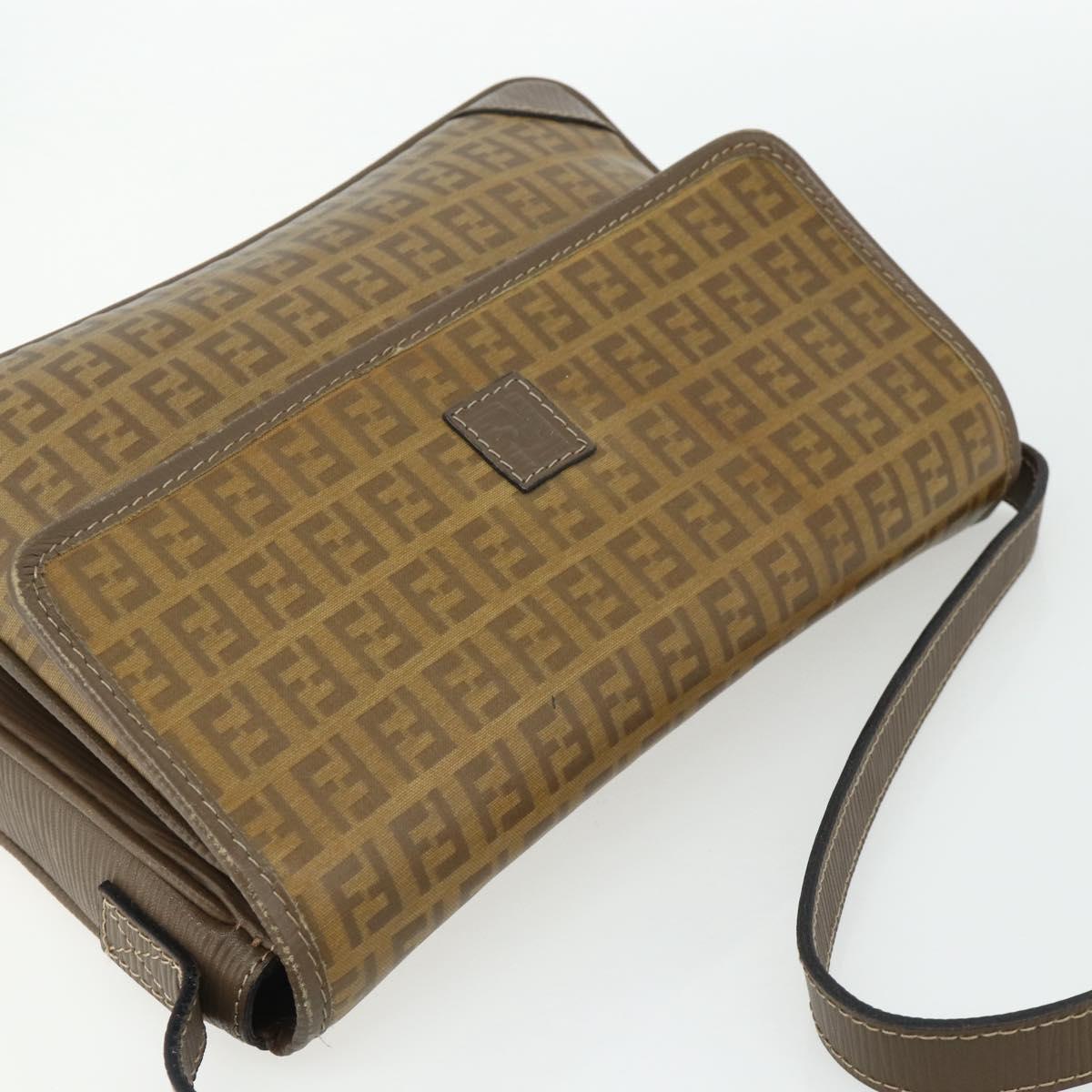 FENDI Zucchino Canvas Shoulder Bag Beige Gold Auth 176651